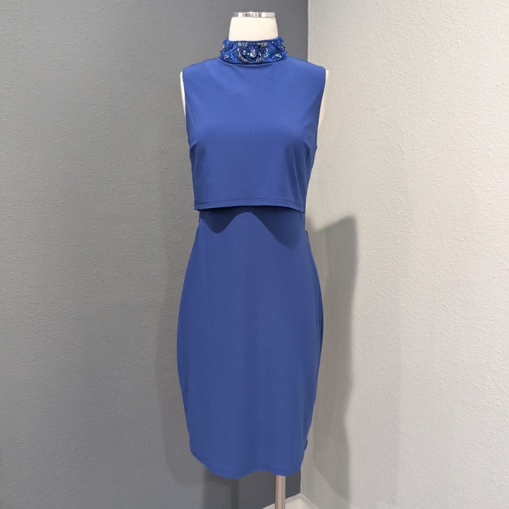 MARINA Beaded High-Neck Layered Cocktail Dress - Royal Blue Size 6